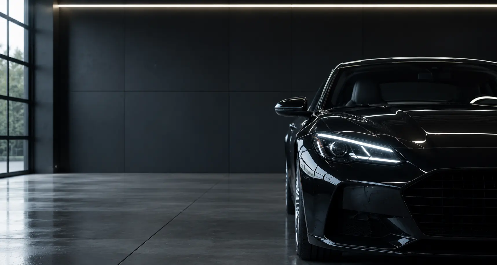 A premium black sedan in a minimalist studio — HA Collision Repair, Boca Raton